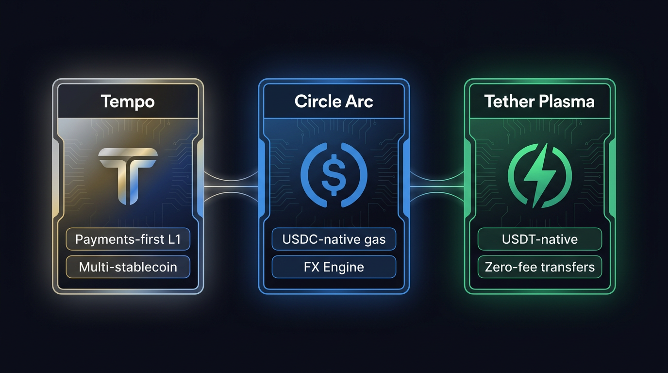 Three stablechains side by side: Tempo (multi-stablecoin, payments-first), Circle Arc (USDC-native, FX engine), and Tether Plasma (USDT-native, zero-fee transfers)