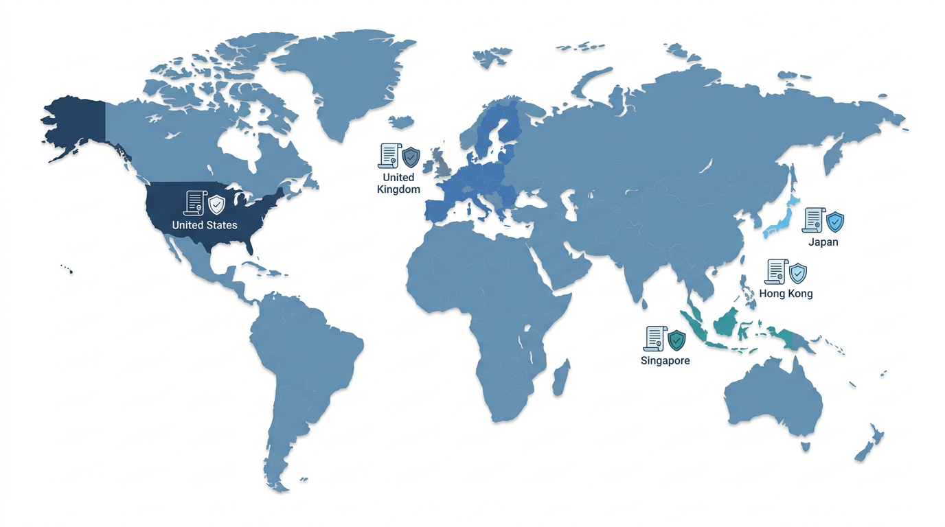 World map highlighting major stablecoin regulatory jurisdictions: US, EU, UK, Singapore, Japan, and Hong Kong